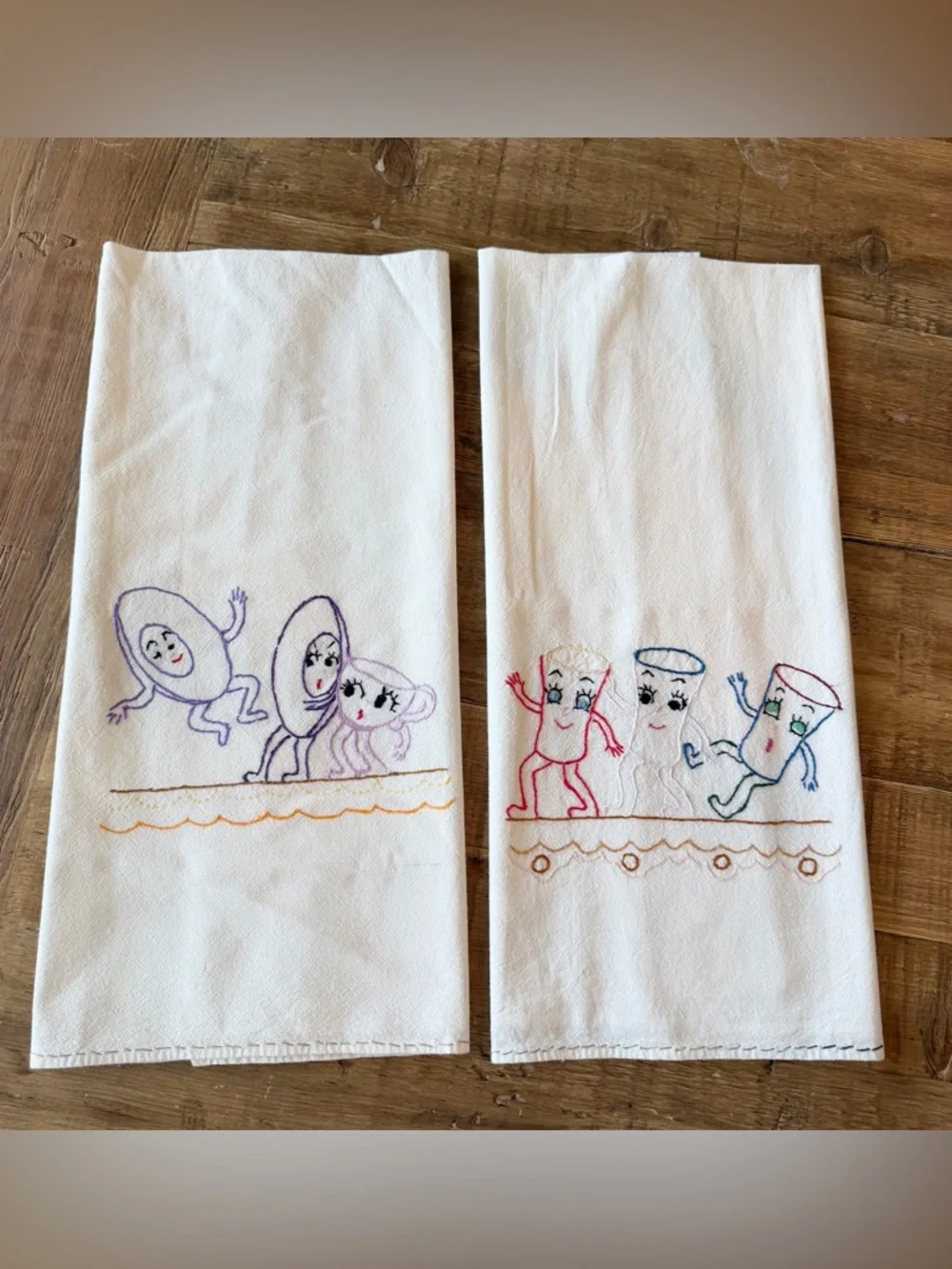 2 Vintage Embroidered Kitschy Dish Towels. Humpty Dumpty | Hand Stitched | 35x19